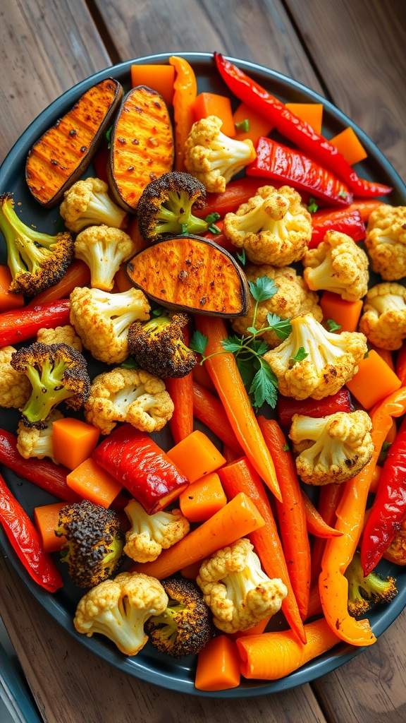 A vibrant assortment of crispy roasted vegetables including broccoli, cauliflower, carrots, and bell peppers on a wooden table.